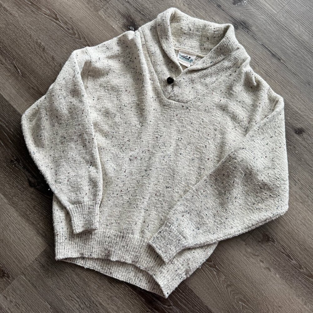 Vtg 90s Northern Reflections cream speckled button collar wool grandpa sweater